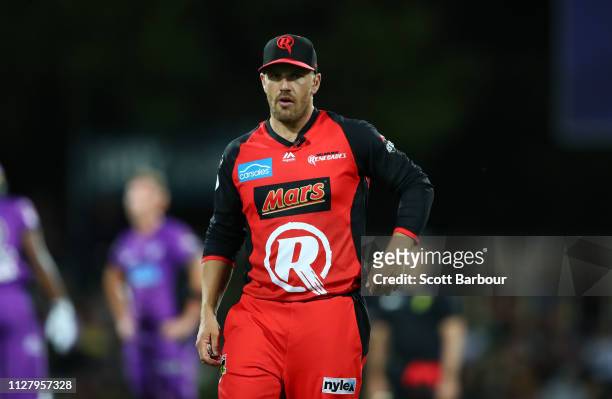 Aaron Finch, captain of the Renegades looks on during the Hurricanes v Renegades Big Bash League Match at Blundstone Arena on February 07, 2019 in...