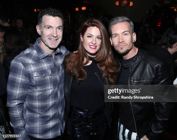 Ed Shapiro, Hilary Roberts and Damon Sharpe attend Reed Smith Grammy Party at Nightingale Plaza on February 06, 2019 in Los Angeles, California.