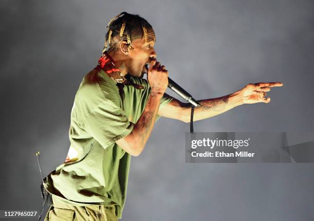 Recording artist Travis Scott performs during a stop of his Astroworld: Wish You Were Here tour at T-Mobile Arena on February 6, 2019 in Las Vegas,...