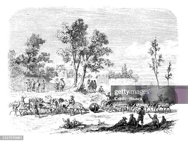 antike illustration wissenschaftlicher entdeckungen: dampfkraft, magdeburger hemisphären - hemisphäre stock-grafiken, -clipart, -cartoons und -symbole