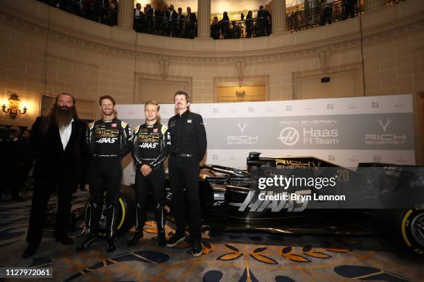 Rich Energy CEO William Storey, drivers Romain Grosjean and Kevin Magnussen and Rich Energy Haas F1 Team Principal Guenther Steiner pose alongside...