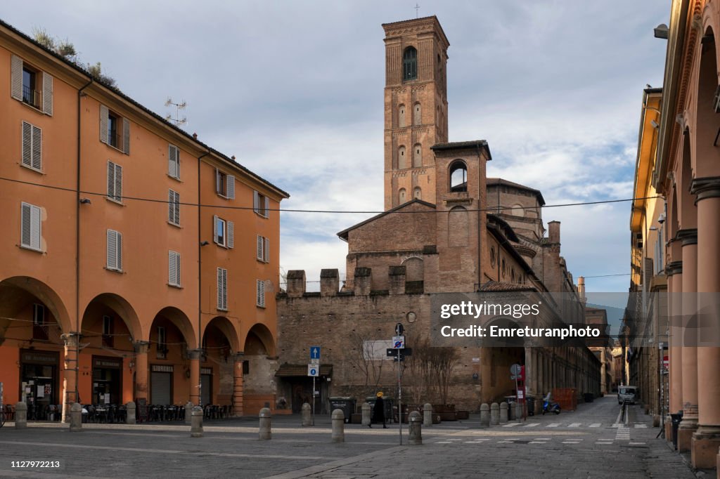 Giuseppe Verdi square with church building at the background.