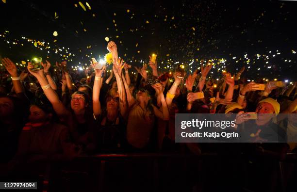 Music fans seen in the crowd Twenty One Pilots concert during the Bandito tour at Resorts World Arena on February 27, 2019 in Birmingham, England.