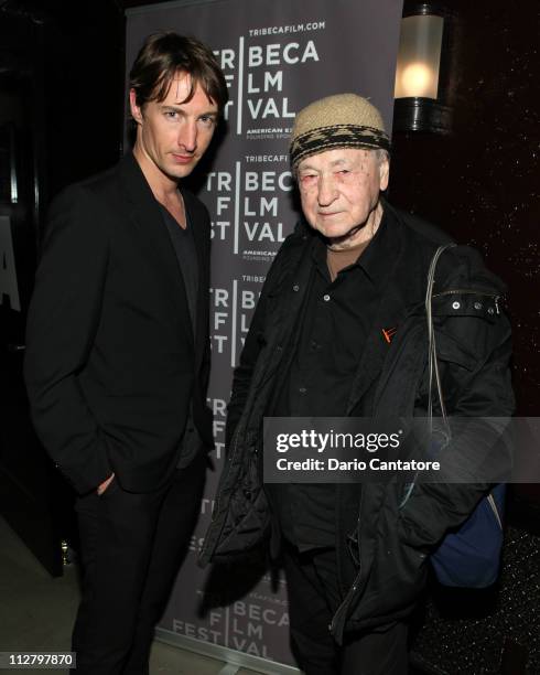 Benn Northover and Jonas Mekas attend the Tribeca Film Festival celebration for the premiere of Lotus Eaters at Liberty Hall at Ace Hotel on April...