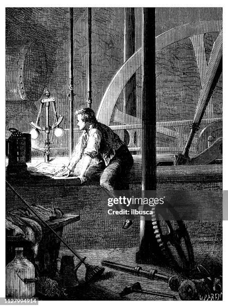 antique illustration of scientific discoveries: steam power george stephenson - george stephenson stock illustrations