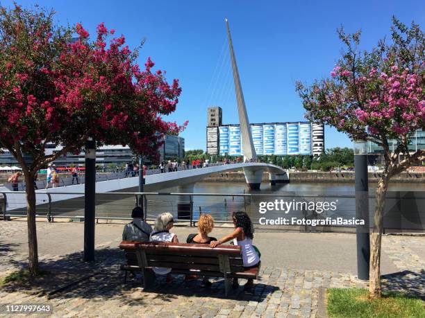 gruppe von frauen sitzen auf bank in puerto madero, buenos aires, argentinien - fußgängerbrücke puente de la mujer stock-fotos und bilder