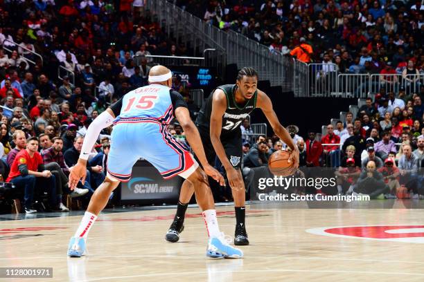 Andrew Wiggins of the Minnesota Timberwolves handles the ball against the Atlanta Hawks on February 27, 2019 at State Farm Arena in Atlanta, Georgia....