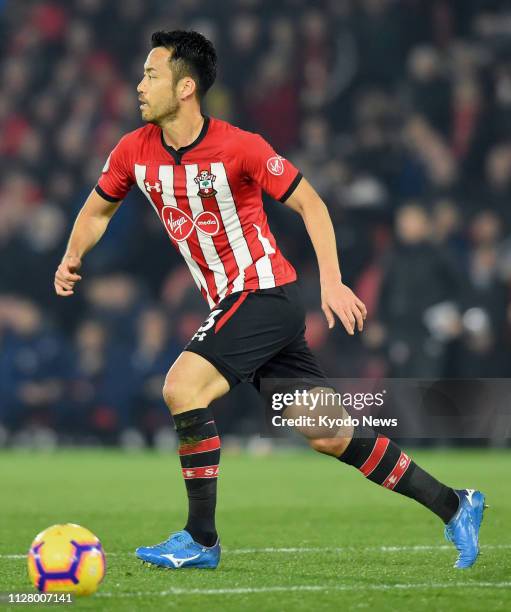 Maya Yoshida plays in Southampton's 2-0 win at home to Fulham in English Premier League football on Feb. 27, 2019. ==Kyodo