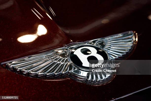 The Bentley logo is seen during the Retromobile show on February 07 in Paris, France. The famous luxury car manufacturer Bentley, celebrates this...