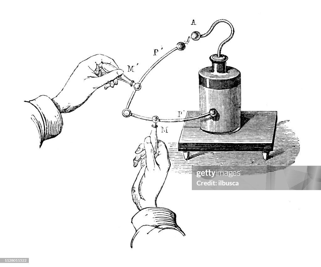 Antique illustration of scientific discoveries, electricity and magnetism: Leyden jar