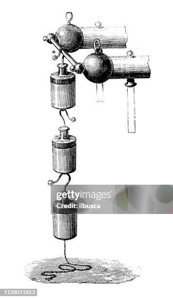 antique illustration of scientific discoveries, electricity and magnetism: leyden jar - leyden jars stock illustrations