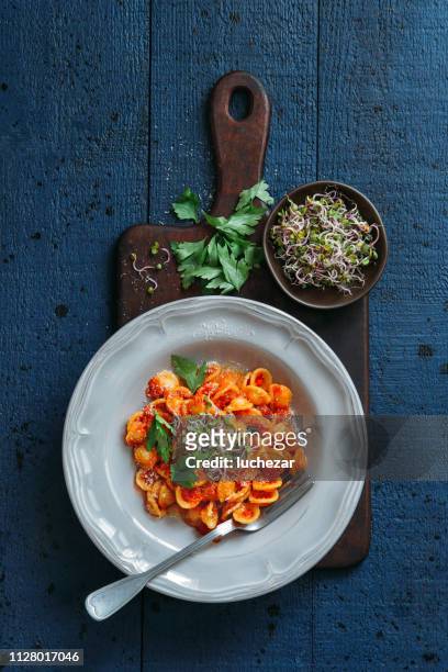orecchiette pasta with ricotta in tomato cream sauce - food design stock pictures, royalty-free photos & images