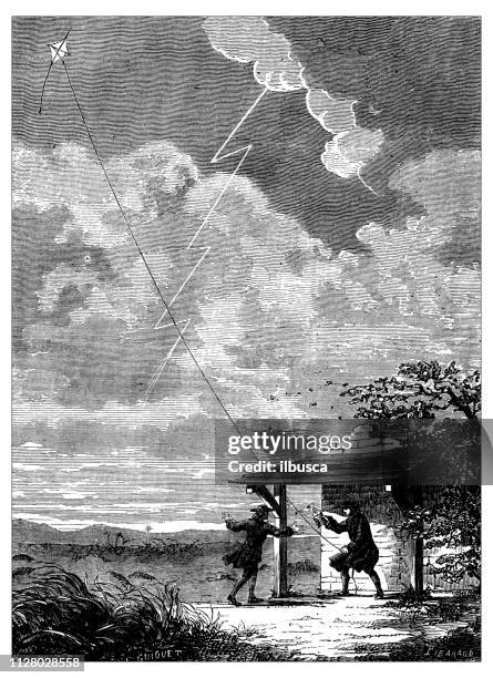 antique illustration of scientific discoveries, electricity and magnetism: benjamin franklin experiment - benjamin franklin kite stock illustrations