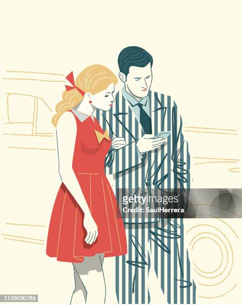 couple watching the cell phone - discusión stock illustrations