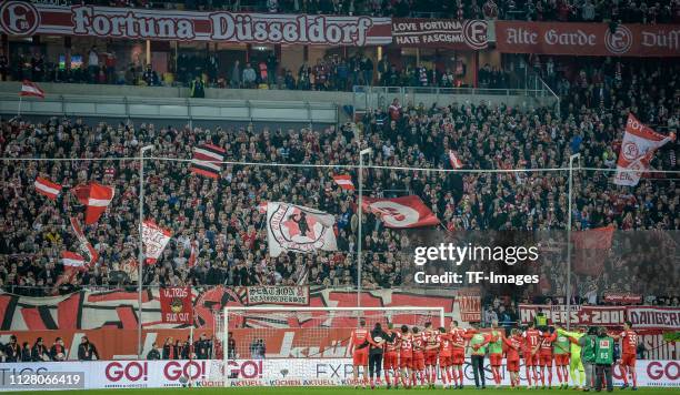 Supporters and players of Fortuna Duesseldorf are seen after the Bundesliga match between Fortuna Duesseldorf and Hertha BSC at Esprit-Arena on...