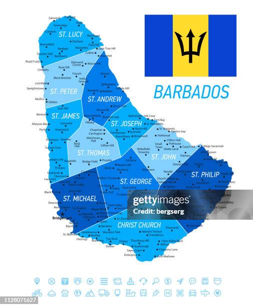 illustrations, cliparts, dessins animés et icônes de carte de la barbade avec drapeau national. illustration vectorielle bleu avec jeu d’icônes - barbados map