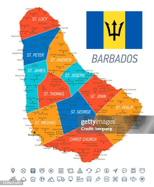 illustrations, cliparts, dessins animés et icônes de carte de la barbade. vector map avec bordures, drapeau national et les icônes de navigation - barbados map