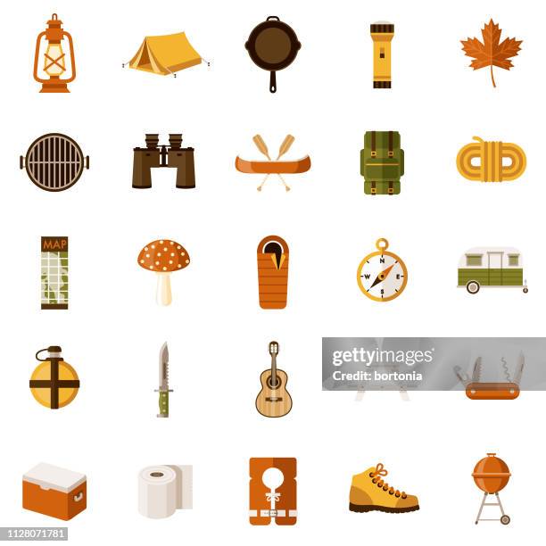 camping-icon-set - hiking group stock-grafiken, -clipart, -cartoons und -symbole