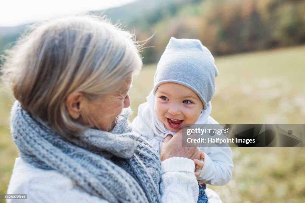 A portrait of senior grandmother outdoors holding a toddler granddaughter in nature.