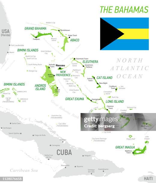the bahamas green map with national flag, provinces and borders - andros bahamas stock illustrations
