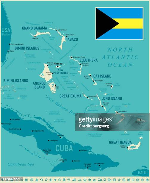 stockillustraties, clipart, cartoons en iconen met de bahama's hoog gedetailleerde kaart. vectorillustratie met icon set - greek islands