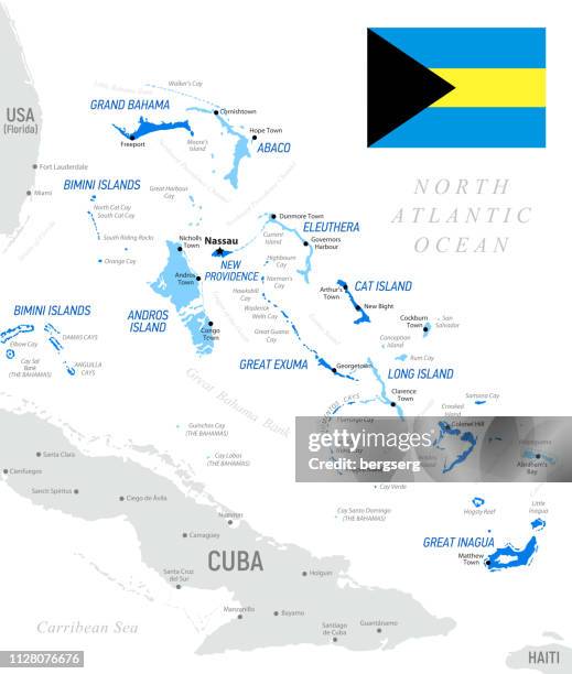 the bahamas map with national flag and provinces. vector illustration - bahamas map stock illustrations