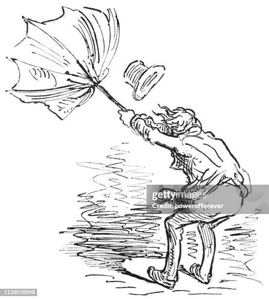 ilustrações de stock, clip art, desenhos animados e ícones de french caricature of a man fighting his umbrella in the wind - 19th century - virada ao contrário