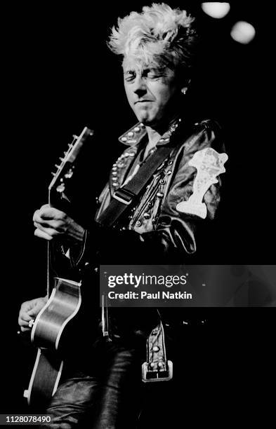 American Rockabilly and Rock musician Brian Setzer, of the group Stray Cats, plays guitar as he performs onstage at the Marcus Amphitheater,...