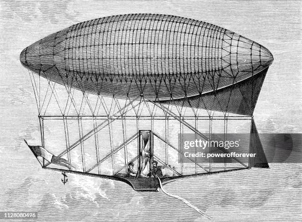 henri dupuy de lôme navigable balloon, first design (october 1870) - 19th century - airship stock illustrations