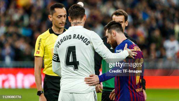 Sergio Ramos of Real Madrid and Lionel Messi of FC Barcelona gesture prior to the Copa del Semi Final match second leg between Real Madrid and...