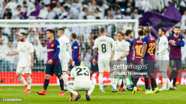 Reguilon of Real Madrid looks dejected after the Copa del Semi Final match second leg between Real Madrid and Barcelona at Bernabeu on February 27,...