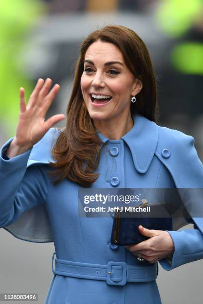 Catherine, Duchess of Cambridge, greets local well-wishers during a visit to CineMagic at the Braid Arts Centre on February 28, 2019 in Ballymena,...