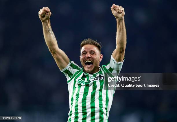 Joaquin Sanchez of Real Betis celebrates after scoring his team's second goal during the Copa del Rey Semi Final first leg match between Real Betis...