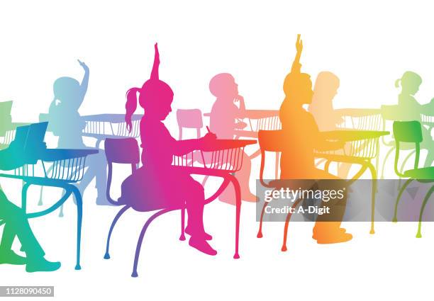 ilustraciones, imágenes clip art, dibujos animados e iconos de stock de muchacho de la escuela chica arco iris - salón de clase