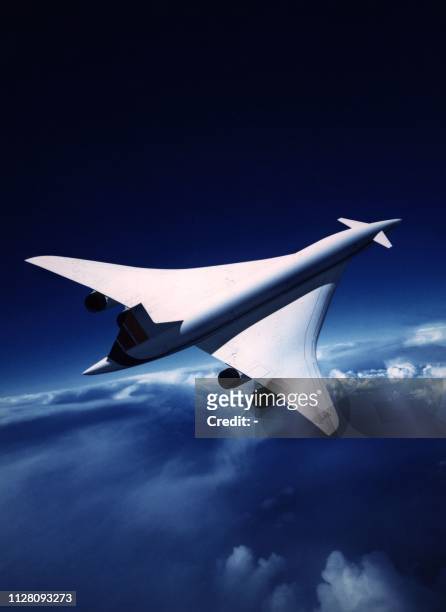 Image artistique du futur avion supersonique présente par le groupe français Aérospatiale, qui succédera au début du XXI siècle au Concorde.