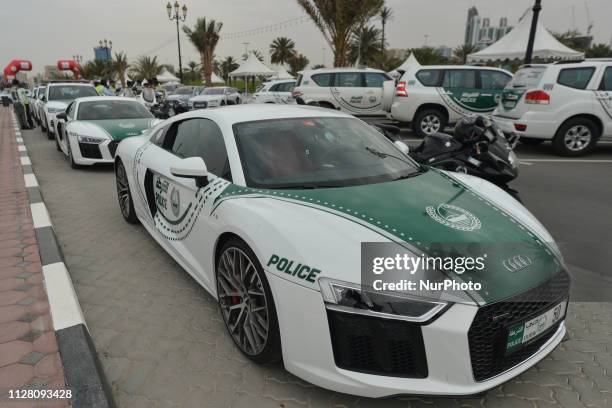 View of Dubai Police cars parked near the start line of the fifth Sharjah Stage of UAE Tour 2019, a 181km with a start from Sharjah-Flag Island and...