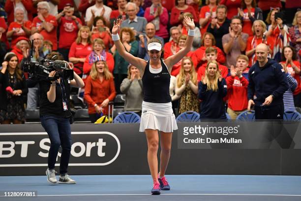 Johanna Konta of Great Britain celebrates winning her Europe/Africa Group A match against Maria Sakkari of Greece on Day Two of the Fed Cup 2019 at...