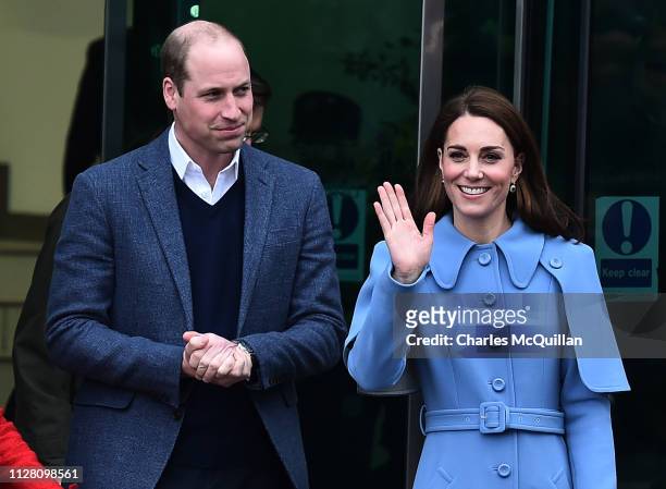 Prince William, Duke of Cambridge and Catherine, Duchess of Cambridge engage in a walkabout in Ballymena town centre on February 28, 2019 in...
