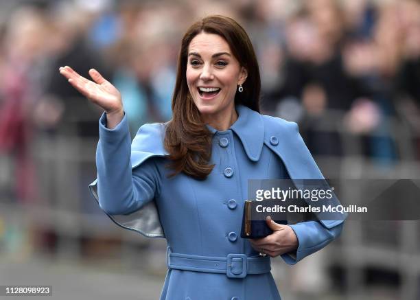 Catherine, Duchess of Cambridge engages in a walkabout in Ballymena town centre on February 28, 2019 in Ballymena, Northern Ireland. Prince William...