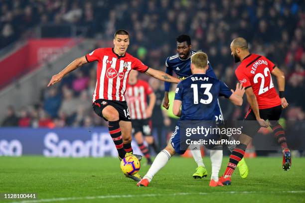 Southampton midfielder Oriol Romeu up against Fulham defender Tim Ream during the Premier League match between Southampton and Fulham at St Mary's...