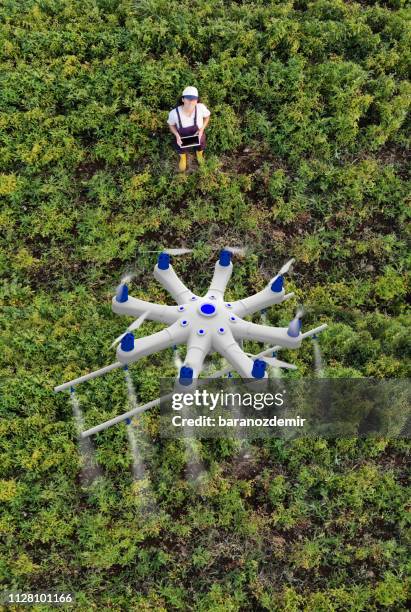 young female farmer spraying her crops using a drone - drone technology stock pictures, royalty-free photos & images