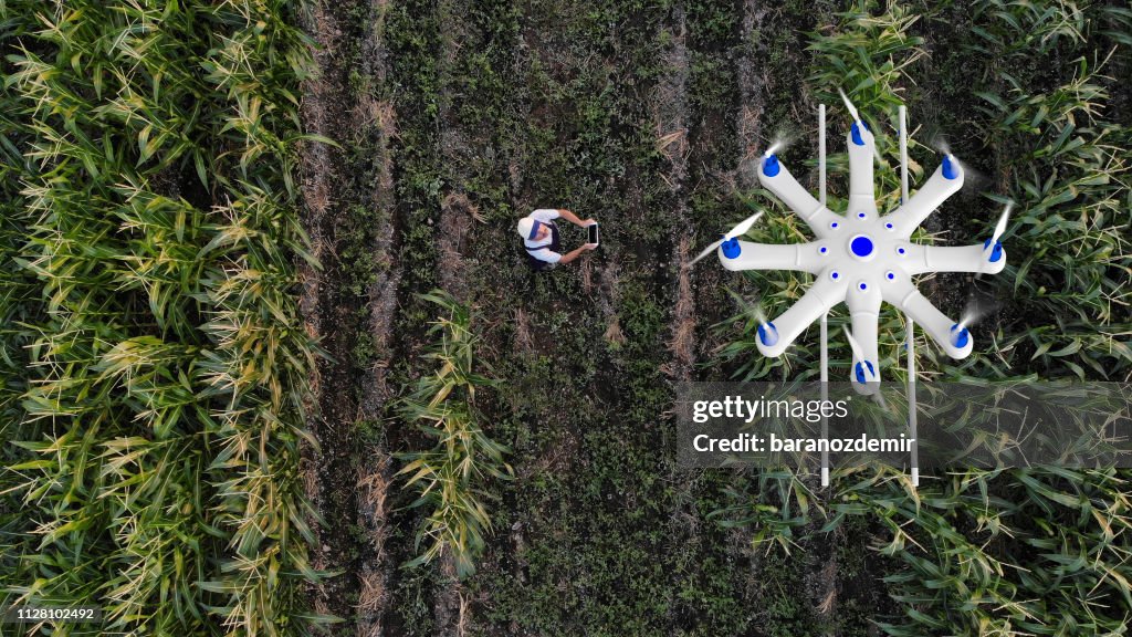 Agricoltore spruzzando le sue colture usando un drone