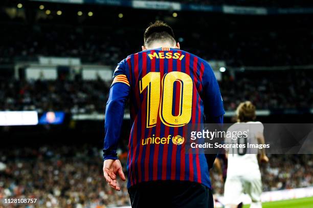 Lionel Messi of FC Barcelona during the Spanish Copa del Rey match between Real Madrid v FC Barcelona at the Santiago Bernabeu on February 27, 2019...