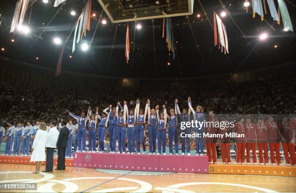 Summer Olympics: Team USA on the medal stand podiium with gold medal. South Korea with silver and China with bronze after Gold medal game at The...