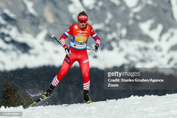 Anna Nechaevskaya of Russia takes 3rd place during the FIS Nordic World Ski Championships Women's Cross Country Relay on February 28, 2019 in...