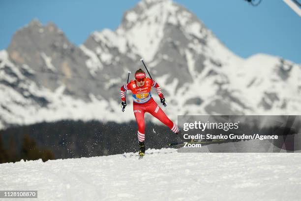 Anna Nechaevskaya of Russia takes 3rd place during the FIS Nordic World Ski Championships Women's Cross Country Relay on February 28, 2019 in...