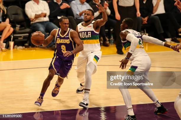 Los Angeles Lakers Guard Rajon Rondo goes through the lane during second half of the New Orleans Pelicans versus Los Angeles Lakers game on February...