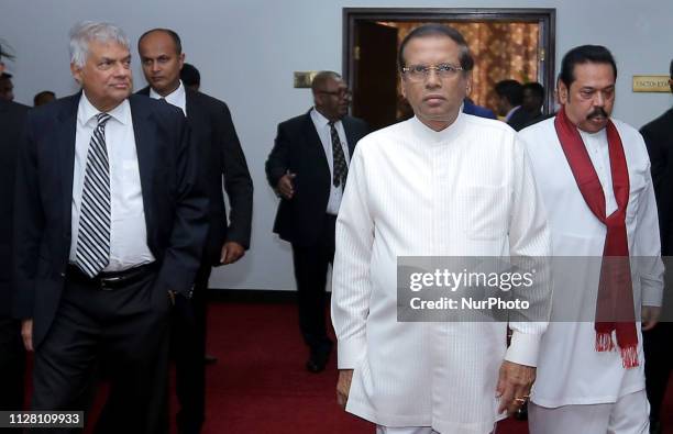 Sri Lankan prime minister Ranil Wickremesinghe , president Maithripala Sirisena and opposition leader Mahinda Rajapaksa attend an event felicitating...