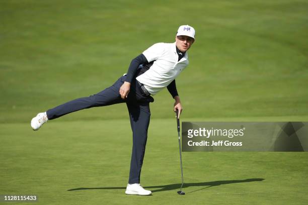 Jonas Blixt of Sweden reacts on the third green during the first round of the AT&T Pebble Beach Pro-Am at Monterey Peninsula Country Club Shore...