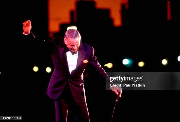 American Jazz and Pop singer Frank Sinatra performs onstage at Chicagofest, Chicago, Illinois, August 10, 1982.